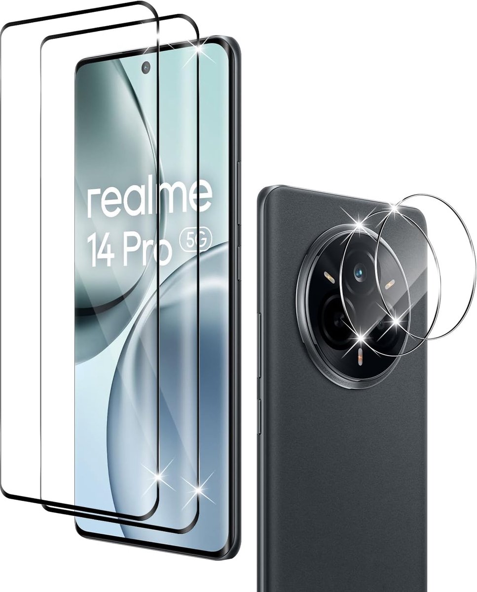 Holilo voor Realme 14 Pro 5G, pantserglas, beschermfolie en camerabeschermfolie, 2 + 2 stuks, 9H hardheid, 3D, krasbestendig, anti-luchtbellen, pantserfolie, beschermfolie
