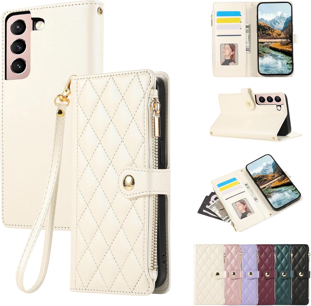 Hoes voor mobiele telefoon voor Samsung Galaxy S21, hoes met ritssluiting, business, PU-leer, klaphoes, beschermhoes met kaartenvak, standaard, wit