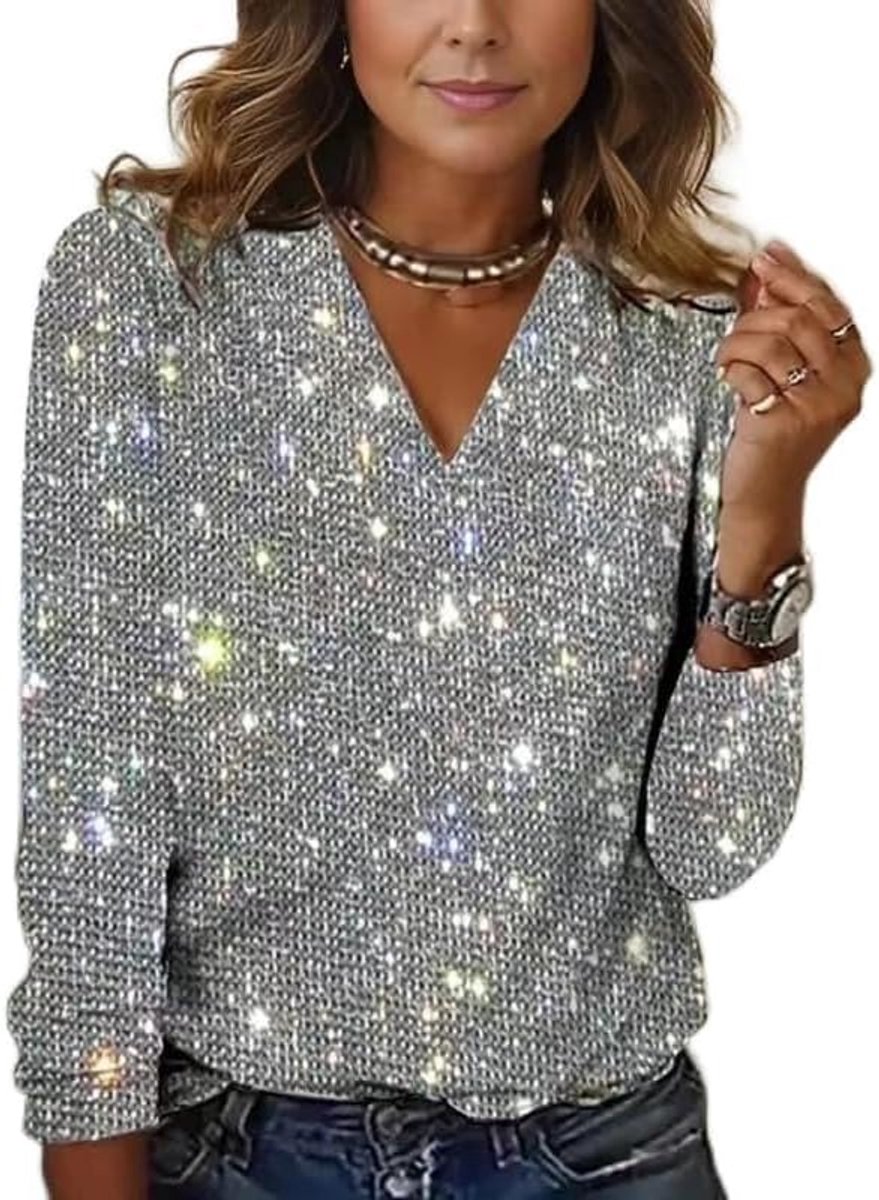 T-shirt voor dames - Elegante pailletten top met V-hals, grote maat, blouse met lange mouwen, ideaal voor bruiloft, feest en Kerstmis