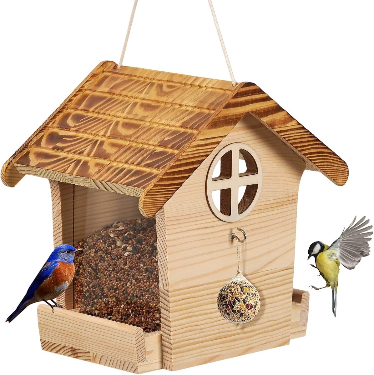 Hout, om op te hangen, vogelvoederstation voor wilde