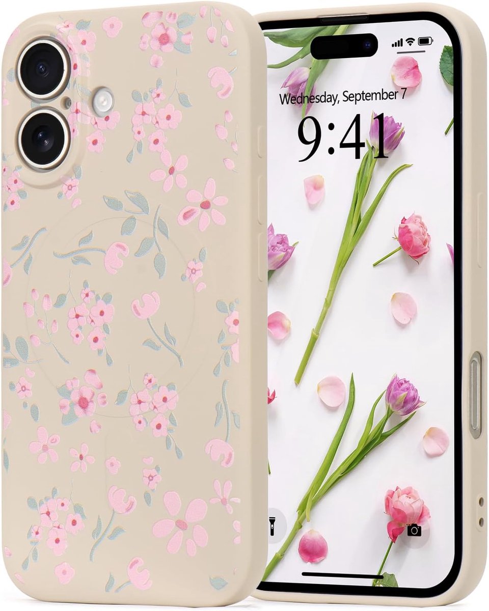 Telefoonhoesje voor iPhone 16, compatibel met Magsafe, magnetische telefoonhoes met schattige bloemenbladeren, roze bloem, schokbestendig, siliconen, slanke bumper, beschermhoes voor vrouwen