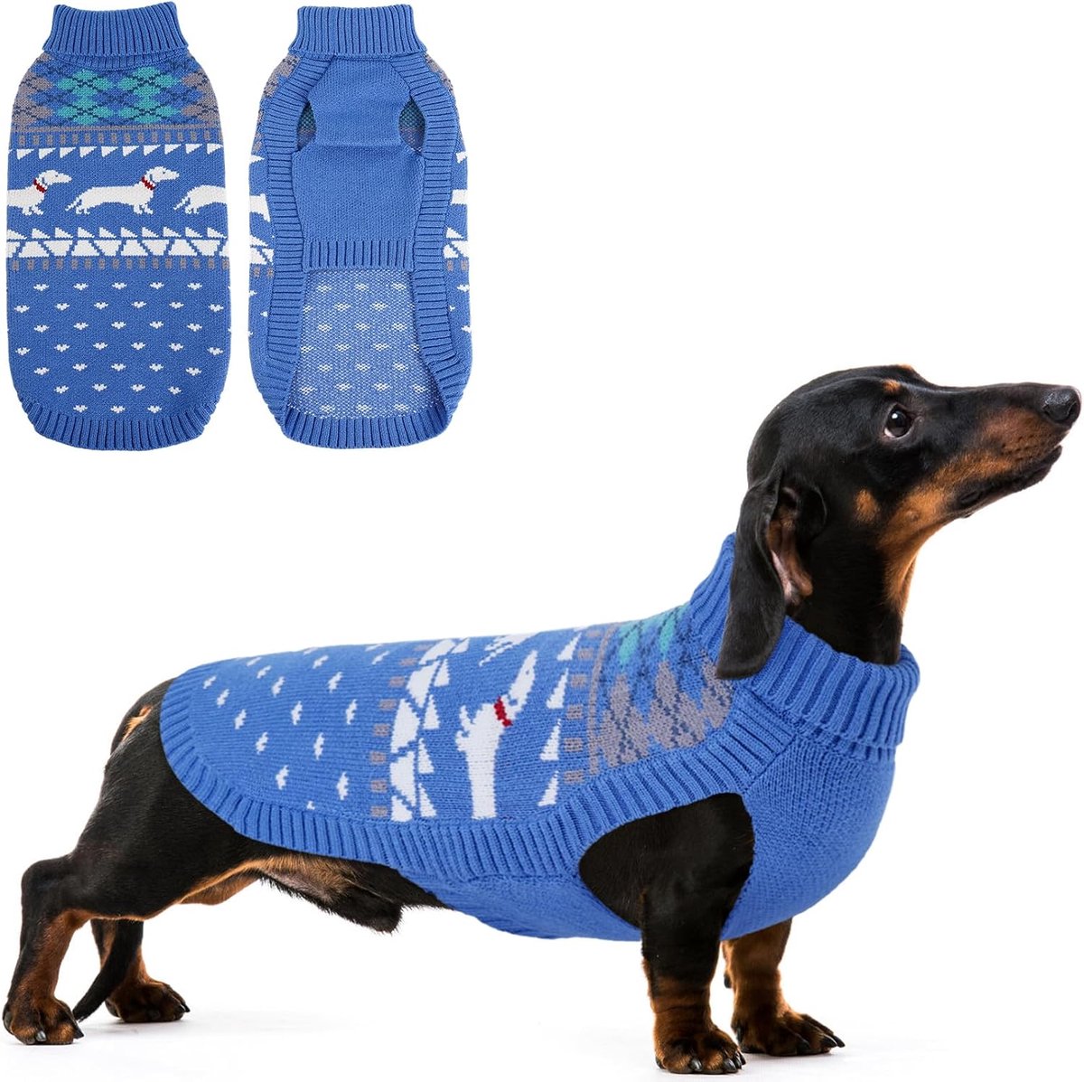 Hondentrui voor teckel, warme winterkleding, zachte gebreide hondentrui, winterhondenvest, ademende sweater voor honden met rolkraag, rekbare hondentrui voor teckel, lichtblauw, L