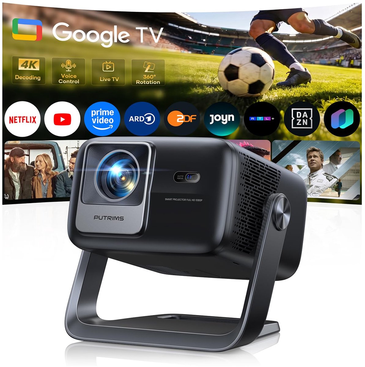 Smart Beamer - 4K Projector - Thuisbioscoop Ervaring - Geïntegreerd Google TV - 1080P Full HD - Zwart