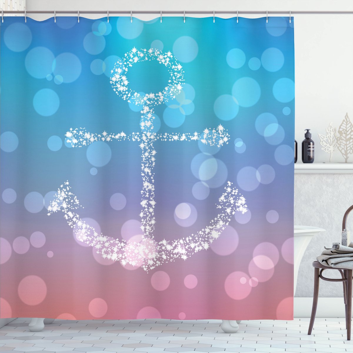 ABAKUHAUS Roze Douchegordijn, Abstractie Blurry Landschap, Stoffen Badkamerdecoratieset met Haken, 175 x 220 cm, Roze Blauw