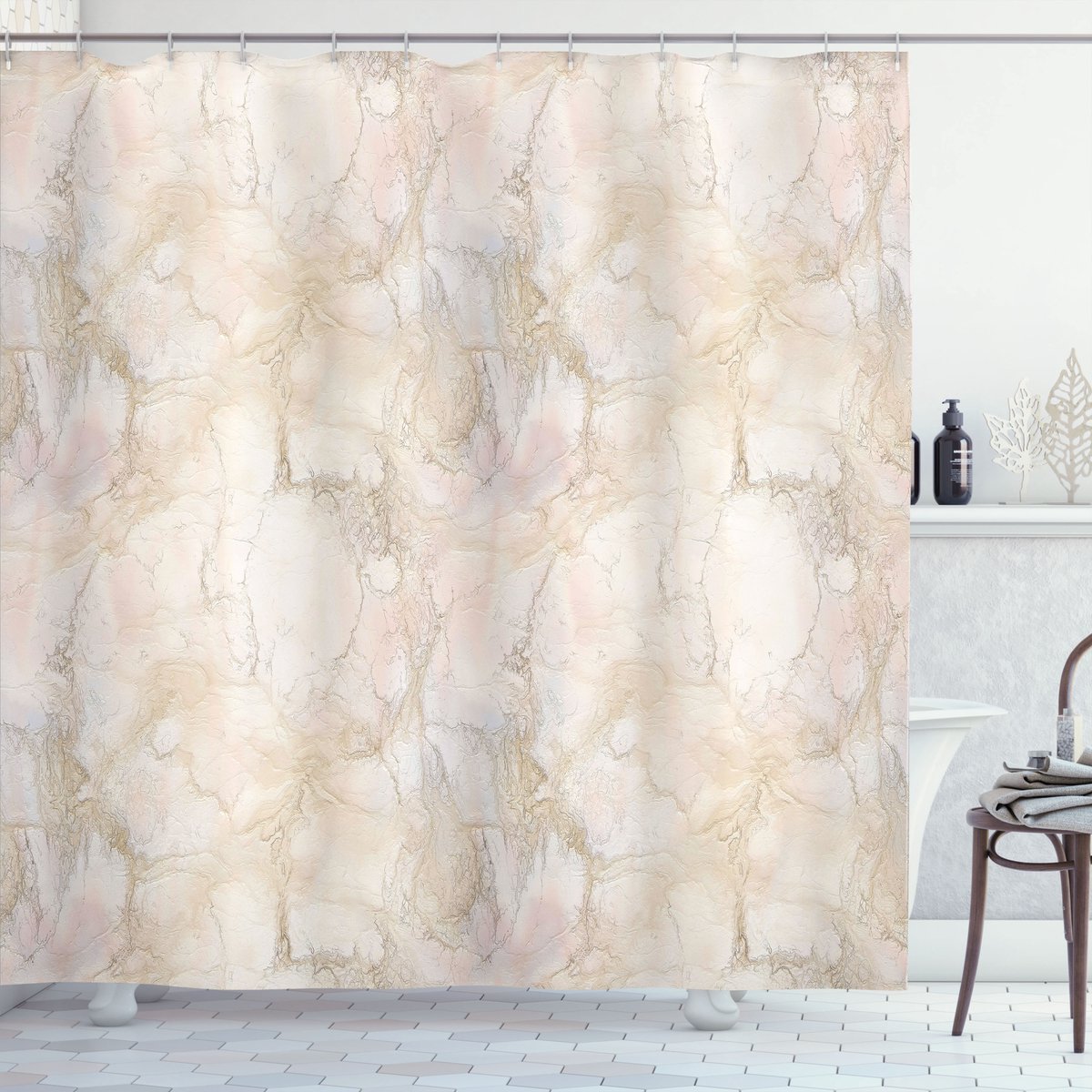 ABAKUHAUS Marmer Douchegordijn, Roze Perzik-Kleuren Risse, Stoffen Badkamerdecoratieset met Haken, 175 x 200 cm, Beige