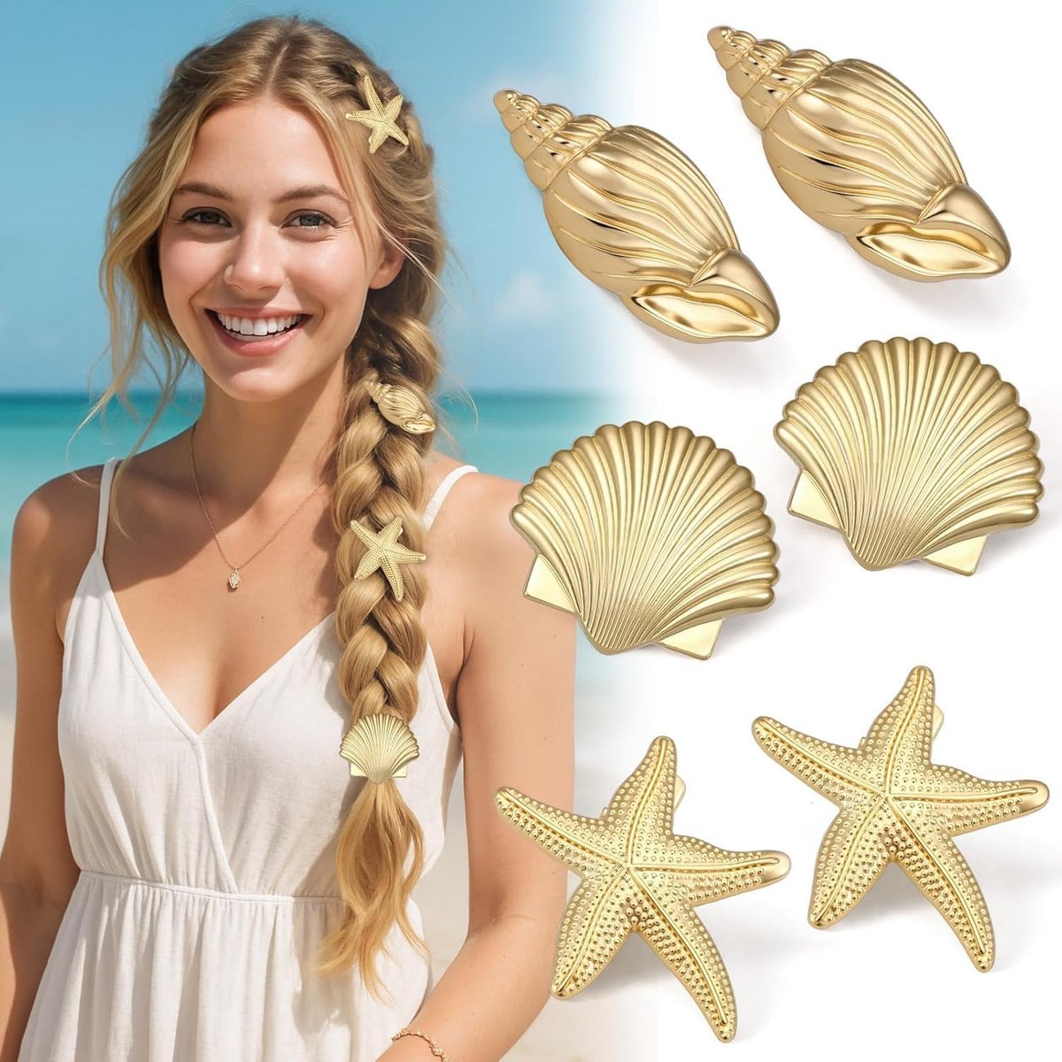 6 stuks schelp haarclip zeester haarspeld mini gouden schelpen zeester haaraccessoires dames voor strandvakantie, zomeroutfits, dagelijks gebruik, cadeau
