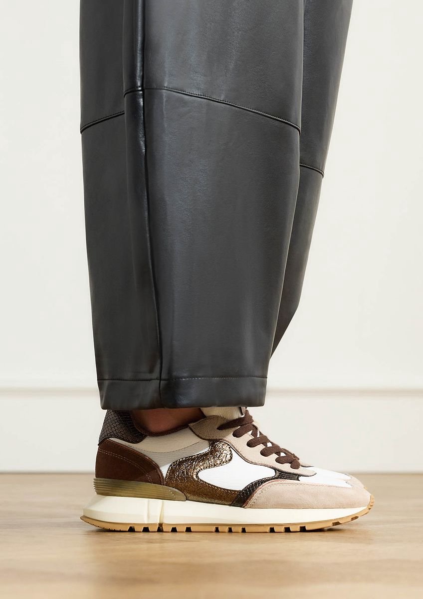 Manfield - Dames - Taupe leren sneakers met suède details - Maat 41