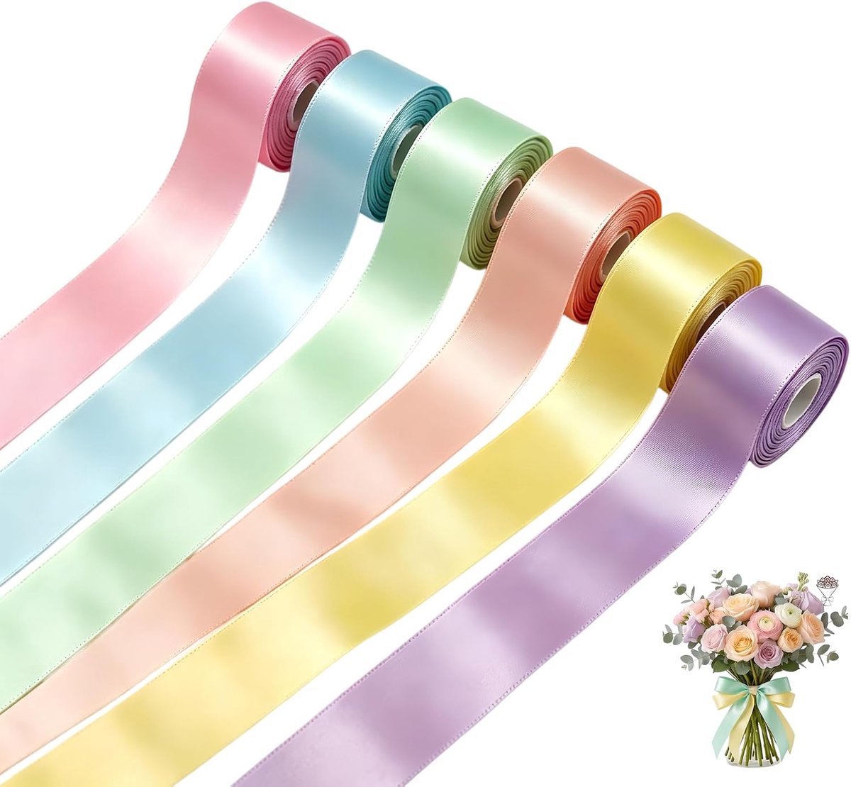 6 stuks satijnen lint in pastelkleuren, dubbelzijdig lint van polyester, satijnen lint voor verjaardag, lint voor geschenkverpakkingen, decoraties voor bruiloften, doopfeesten, feesten, doe-het-zelf