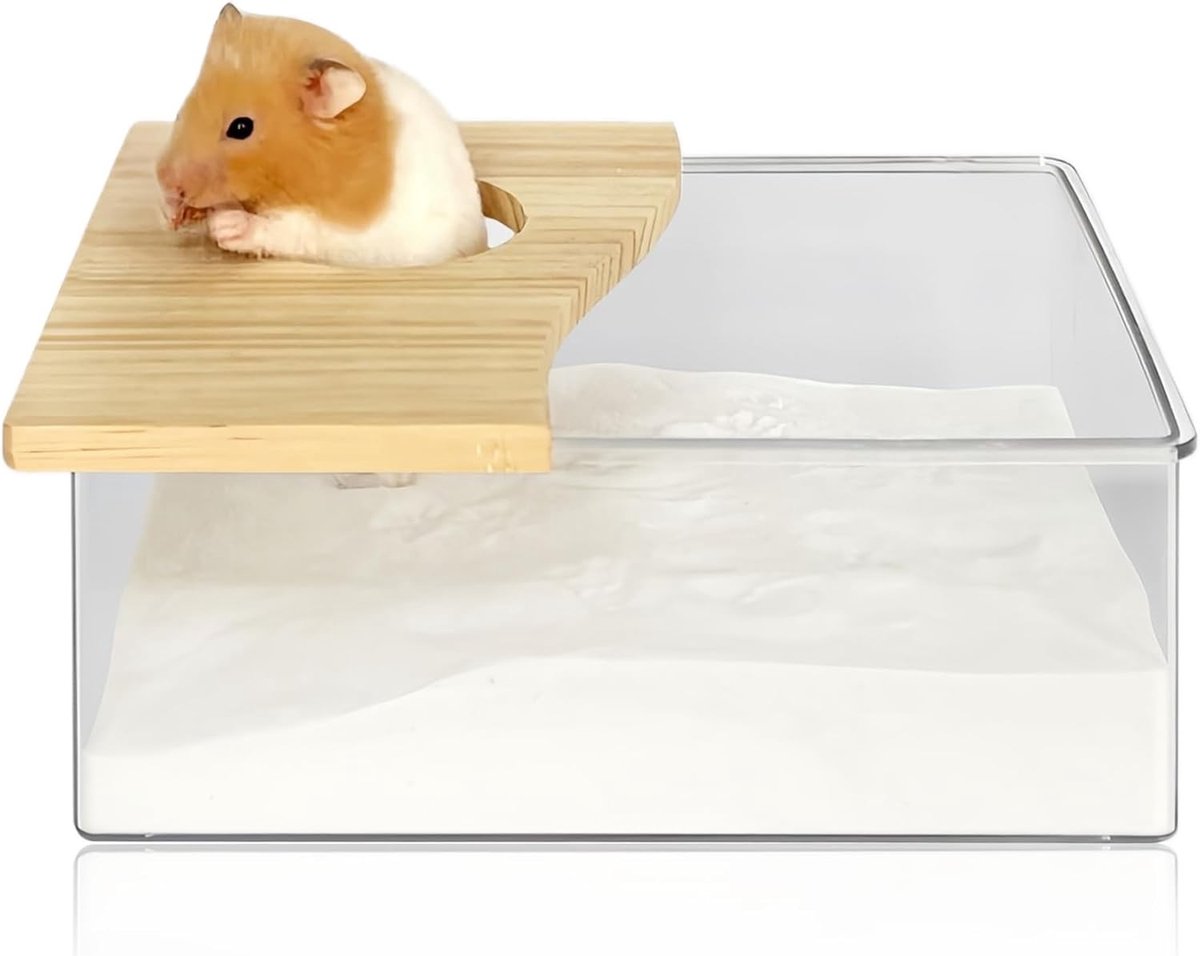 Hamster Zandbad Box van Acryl met Houten Deksel - Hamster Accessoire voor Chinchilla, Gerbil en Goudhamster (Rectangular, 20x15x8cm)