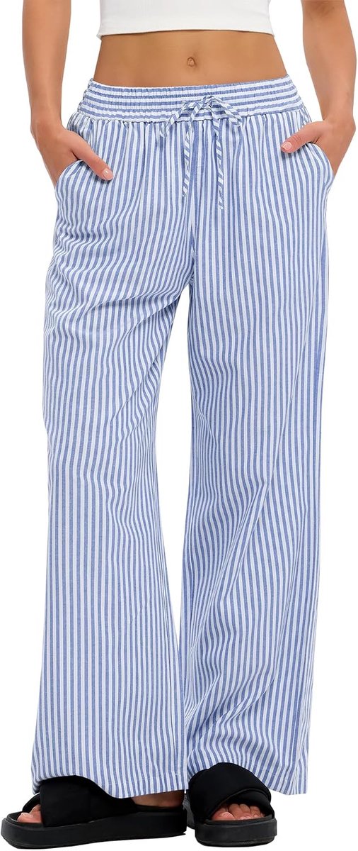 Pyjamabroek voor dames, geruit, lang, zomer, katoen, trekkoord, slaapbroek, zachte vrijetijdsbroek met zakken