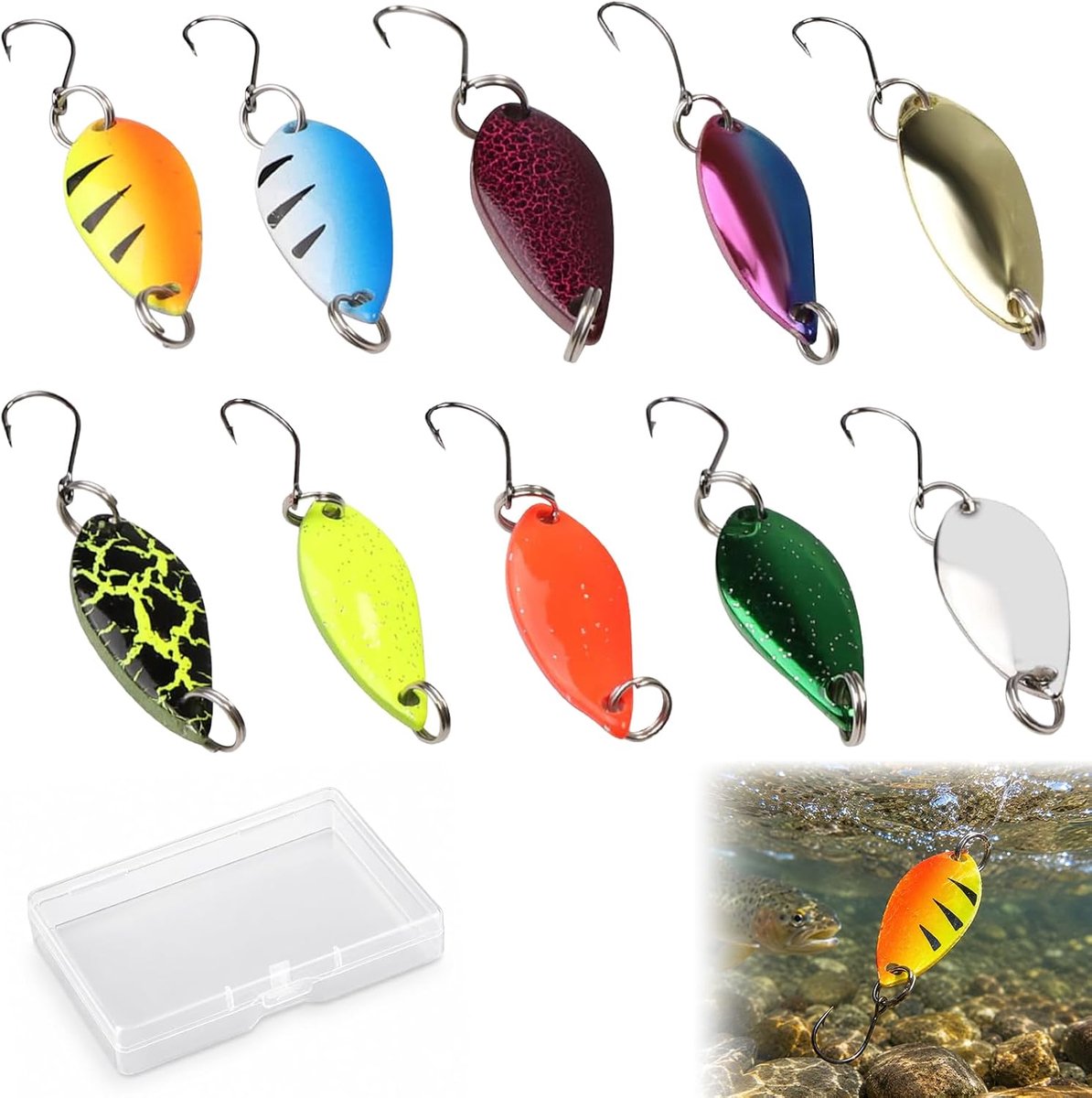 10-delige set forelaas, realistische metalen lepels, forel, mini-draaifiguur, forelaas met haak, forellepel, accessoires, visaas inclusief paillettendoos, geschikt voor verschillende vissen