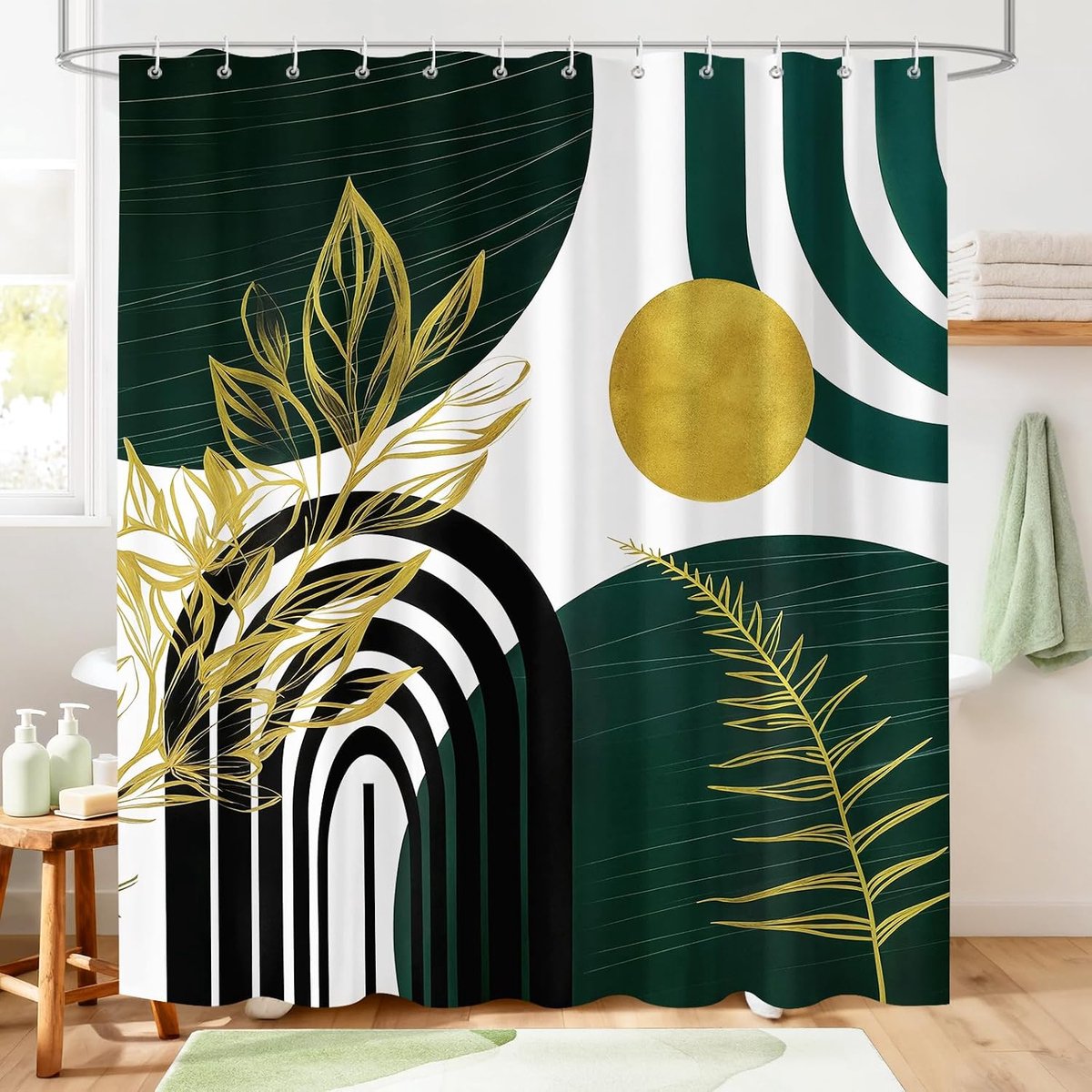 douchegordijn, Boho Mid Century Modern Emerald Hunter Groen en Goud Abstract Bladeren Decor, Waterdicht Polyester Stof Badgordijnset met 12 Haken, 180 x 180 cm