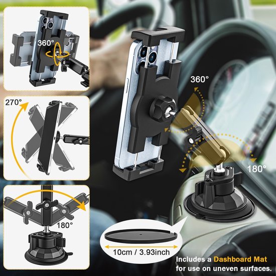 Tablethouder voor de auto met aluminium arm en grote zuignap, autovoorruithouder voor vrachtwagen, bestelwagen, compatibel met iPad Pro Air Mini/Galaxy Tab/Fire/mobiele telefoon, 4-13 inch — afbeelding 3