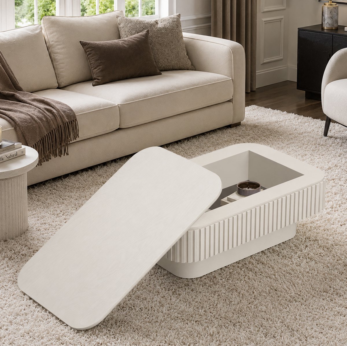 DESMIU Salontafel - Verborgen Opbergruimte Met Omklapbaar Blad - Voor Woonkamer En Kantoor - MDF - 98x60x35 Cm - Crème