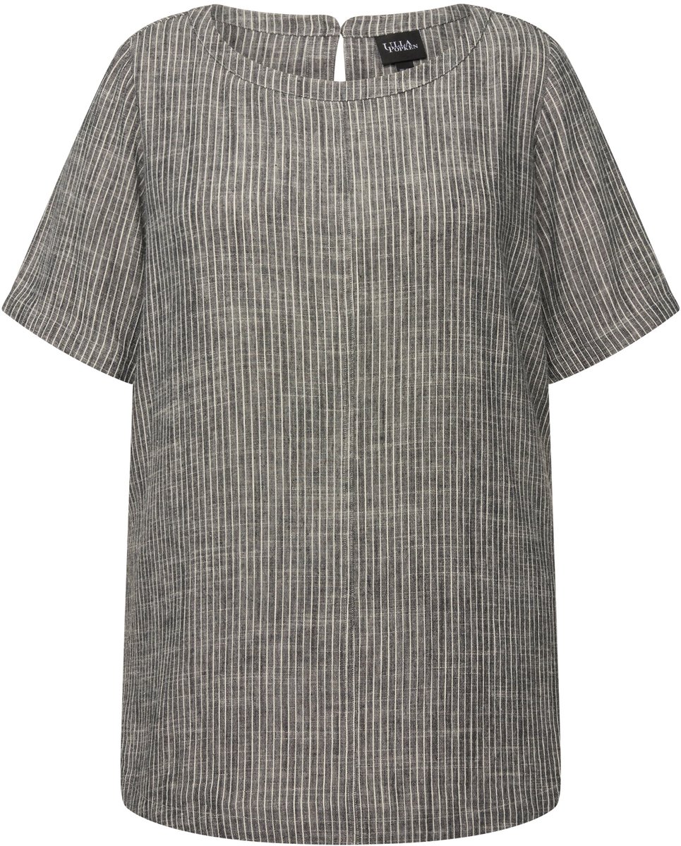 Ulla Popken - Dames - Blouse linnenmix strepen ronde hals halve mouwen - Asfaltgrijs - Maat 42+