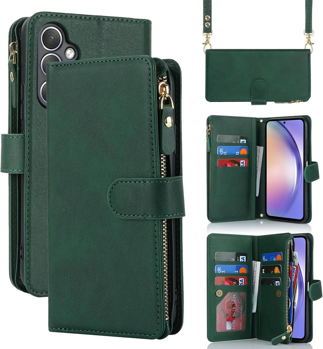 Telefoonhoesje met koord Compatibel met Samsung Galaxy A54 5G Case,Portemonnee Hoesje Lederen Telefoonhoesje,[9 Pasjeshouder],Kaarthouder Sleutelkoord Case Hoesje voor vrouwen - Donkergroen