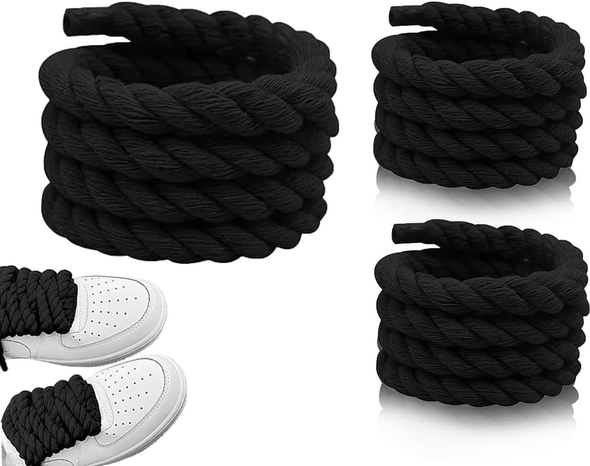 Schoenveters, dikke veters, schoenveters, 8 mm (150 cm) schoenveters, touwveters voor doe-het-zelf, voor gymschoenen, loopschoenen, sportschoenen (rond, zwart)