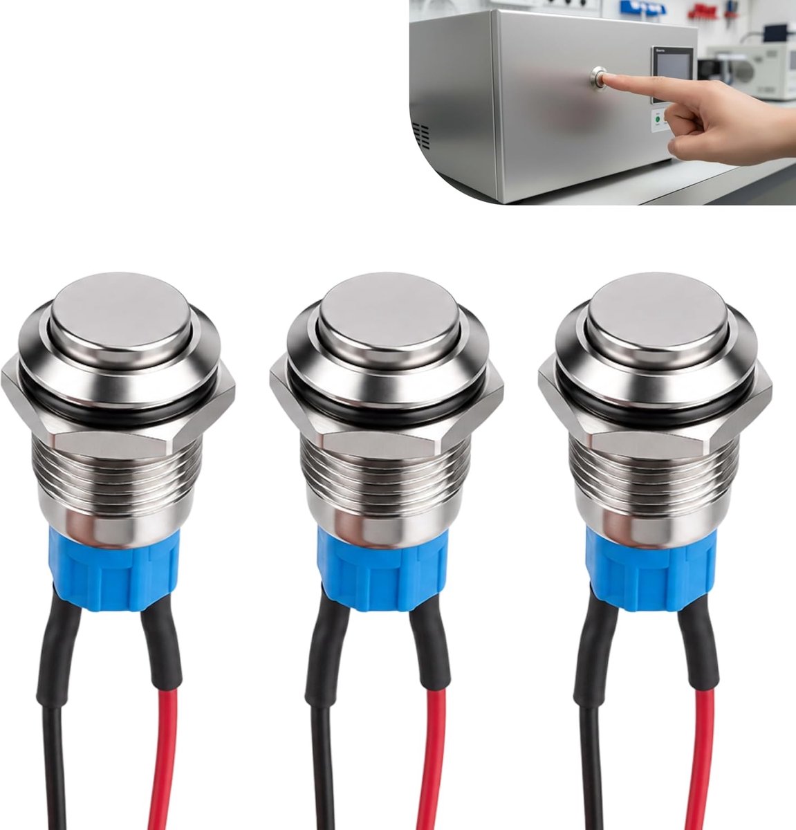 Set van 3 drukknoppen, 12 mm, zelfvergrendelend, drukknop, waterdicht, IP65, 6 A, 220 V, waterdichte knop, draad 20 cm, schakelaar 12 V voor elektronisch instrument, centrale bediening, claxon