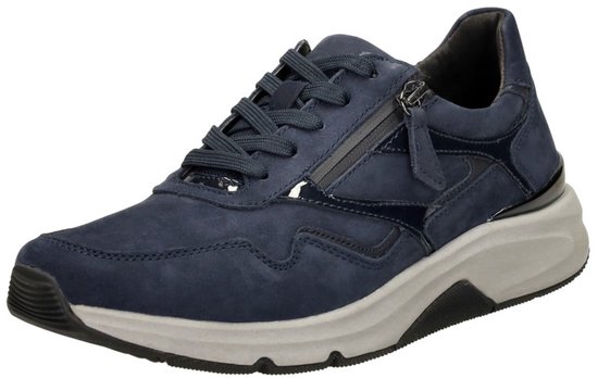 Blauwe Gabor Rollingsoft veterschoen met ritssluiting aan de zijkant en glanzende details.