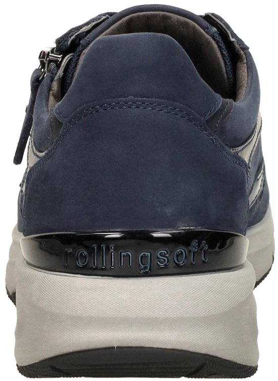 Achterkant van blauwe Gabor Rollingsoft veterschoen met ritssluiting en merknaam op de zool.