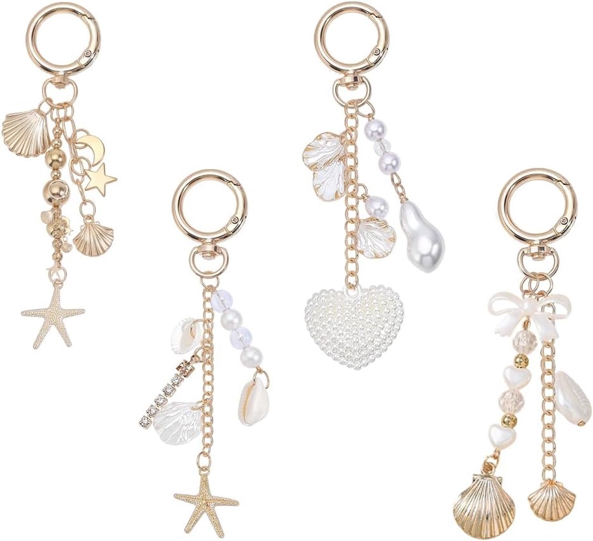 4 stuks strand sleutelhangers schattige zeester parel schelp sleutelhanger 4 stijlen tas hanger gouden legering hanger voor vrouwen tas portemonnee handtas rugzak