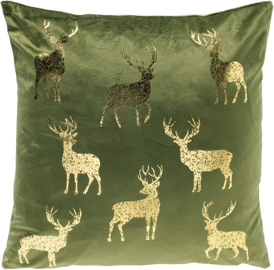 Vierkant groen fluwelen kussen met een patroon van gouden rendieren.
