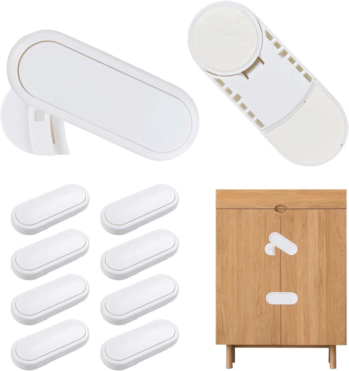 Veiligheidsslot voor babyladen, 8 stuks, zelfklevende veiligheidssloten voor kinderen, deurbescherming voor kasten, zonder boren, multifunctionele sloten voor koelkast, keuken en ramen, wit