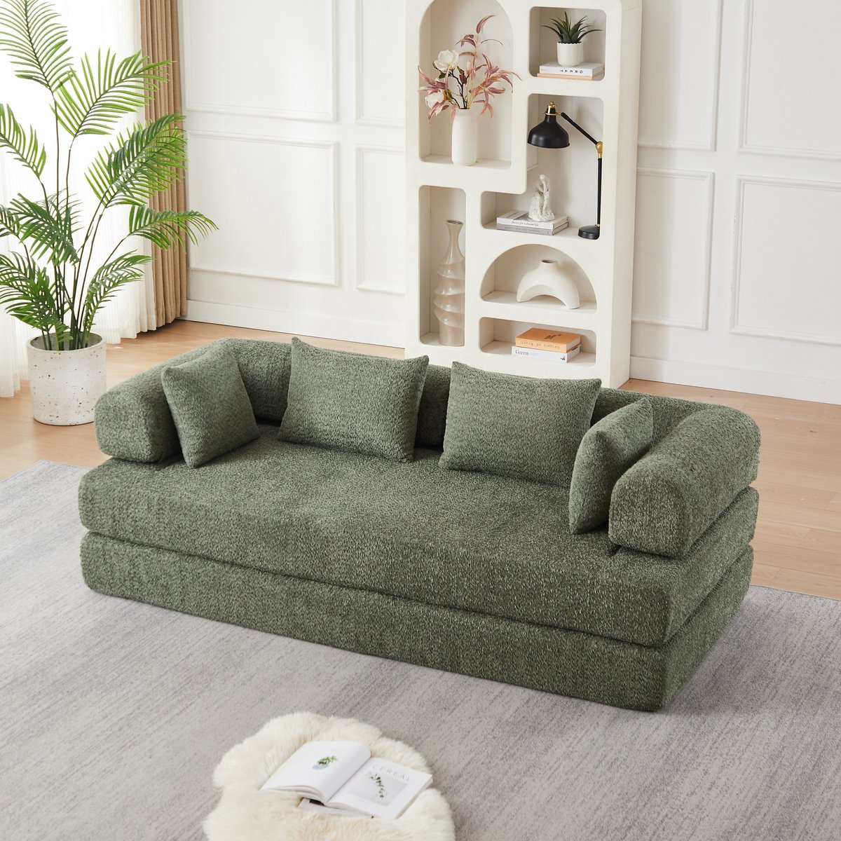 PHOEBE CAT Tweezitsbank - Slaapbank - Chenille - Geen montage nodig - Met 4 kussens - Modulair ontwerp - Groen