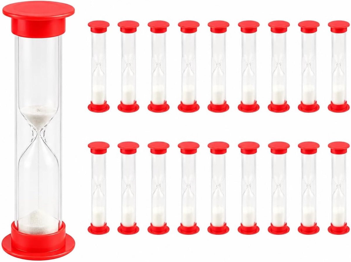 1 minuut, set van 20 stuks, rode kinderzandlopers van kunststof, onbreekbare 1-minuten-timer voor tandenpoetsen, school, spelen, leren en dagelijks gebruik, mini-zandlopers voor