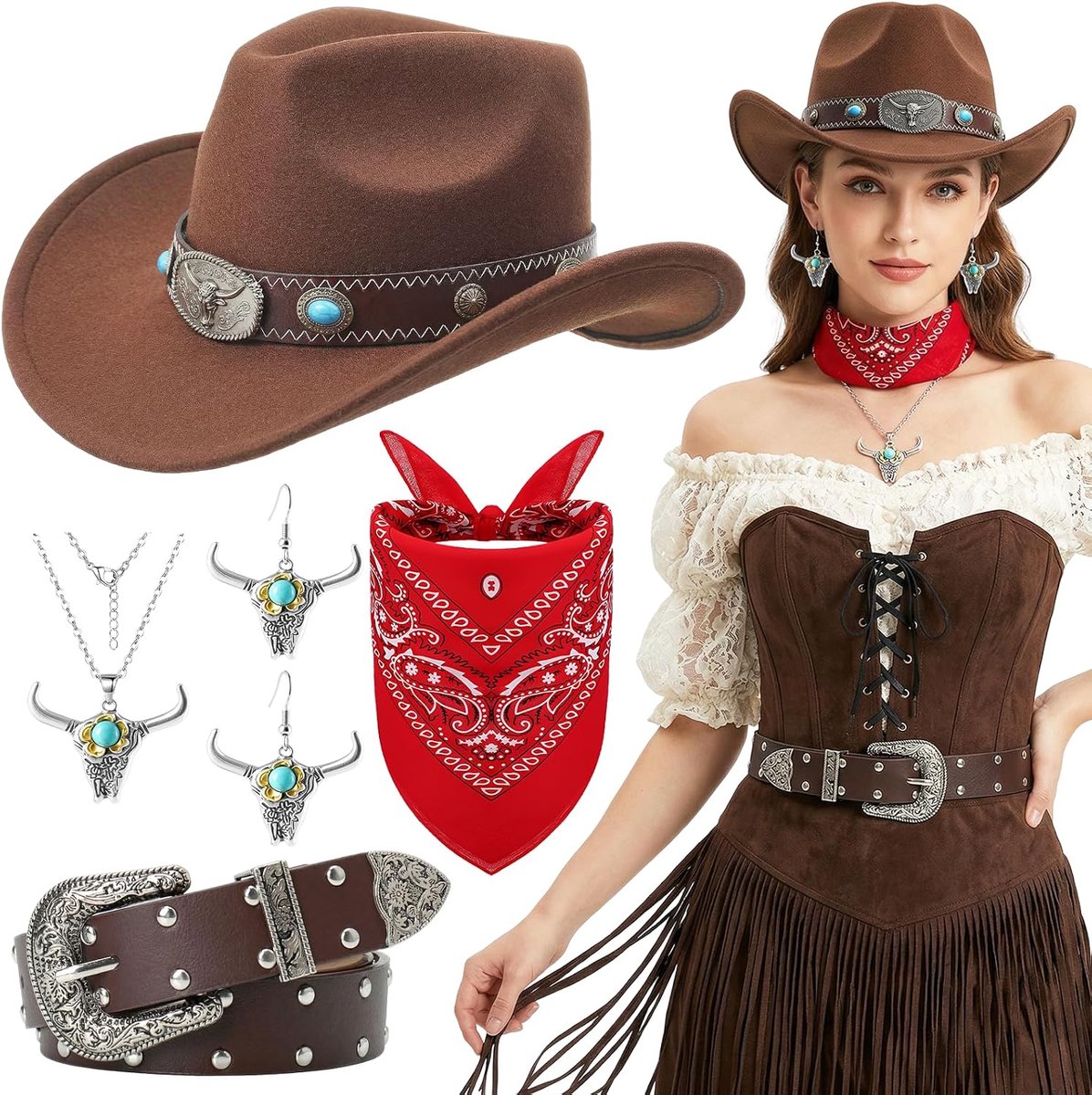 5 stuks turquoise western cowboy dames outfit met hoed + oorbellen + halsketting + riem + bandana voor volwassenen carnaval themafeest cosplay