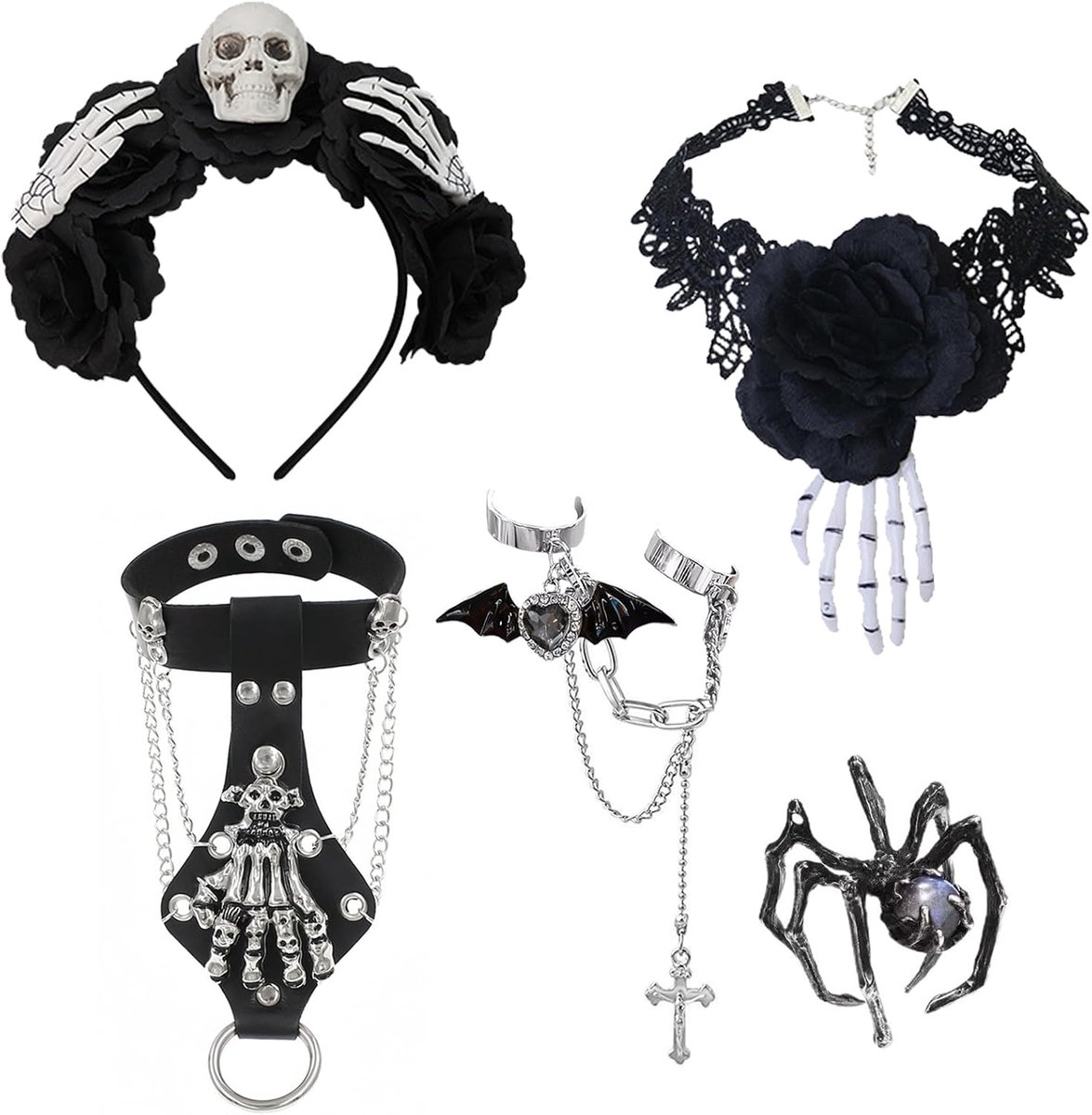 5 STKS Halloween Haarband, Gothic Black Rose Skull Hoofdband, Haarband Kostuums Accessoires Vampier voor Halloween, Dode Bruid Kostuum voor Party Day of the Dead