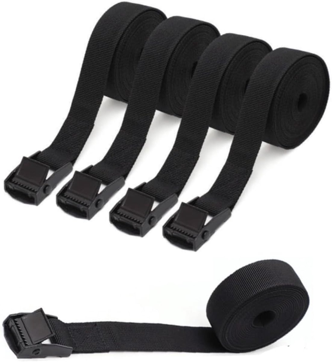 Spanbanden, 4 stuks spanbanden, 25 mm, bevestigingsriem, zwart, 2 m spanbanden met ratelset, tot 250 kg, sjorband met klemslot, voor fietsendrager, auto, motorfiets, cargo