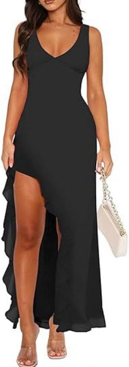 Damesjurk met maxi-split, lange V-hals, elegant, mouwloos, zoom met ruches, jurk voor avondevenementen, cocktails