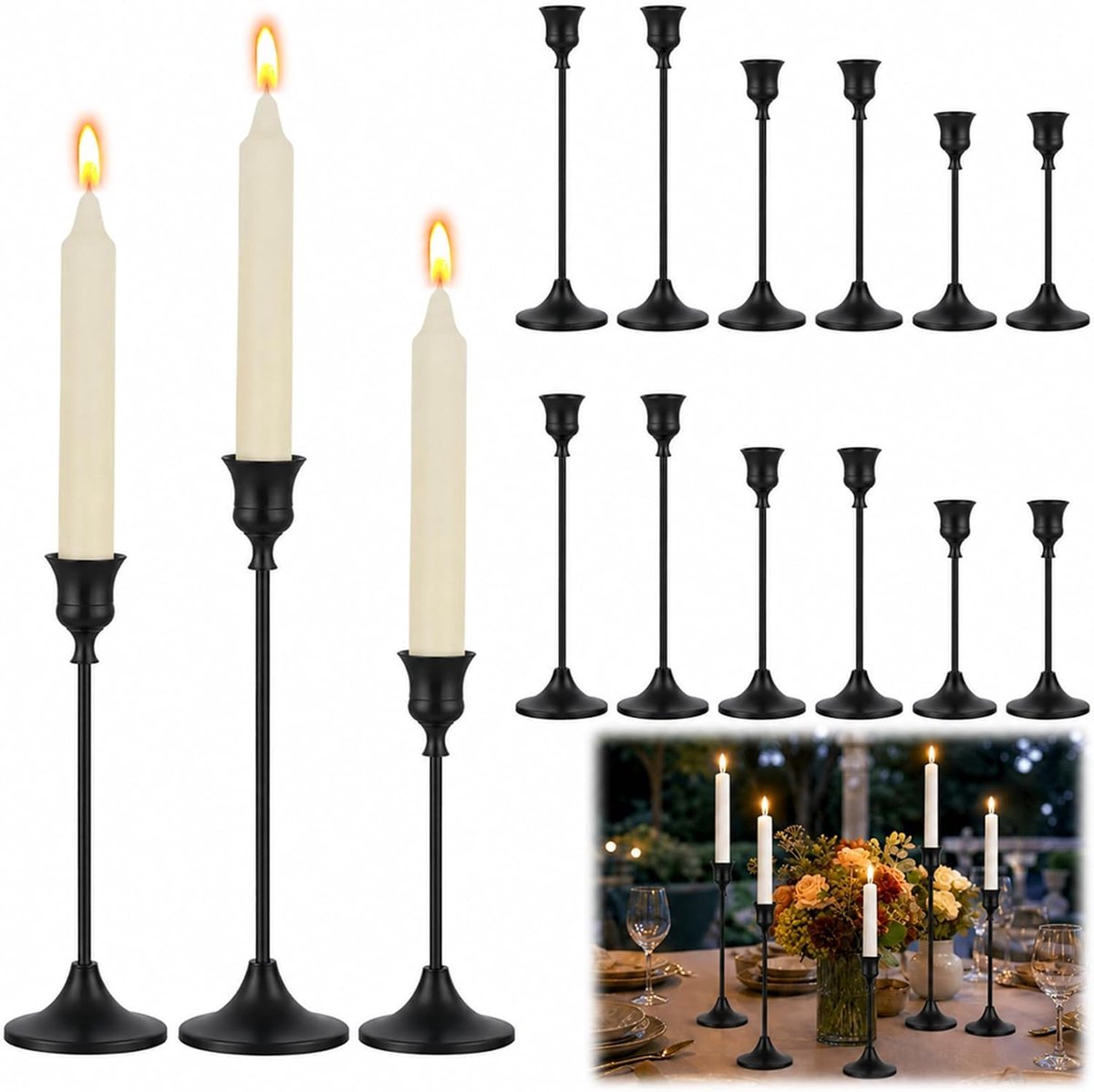 Goudkleurige kandelaar, set met 12 kandelaars