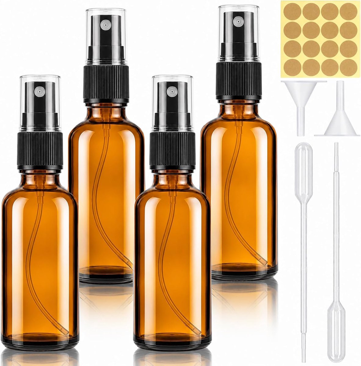 4 stuks 100 ml bruine glazen spuitfles, kleine spuitfles, met trechter, druppelaar en etiketten voor parfum, etherische oliën en cosmetica