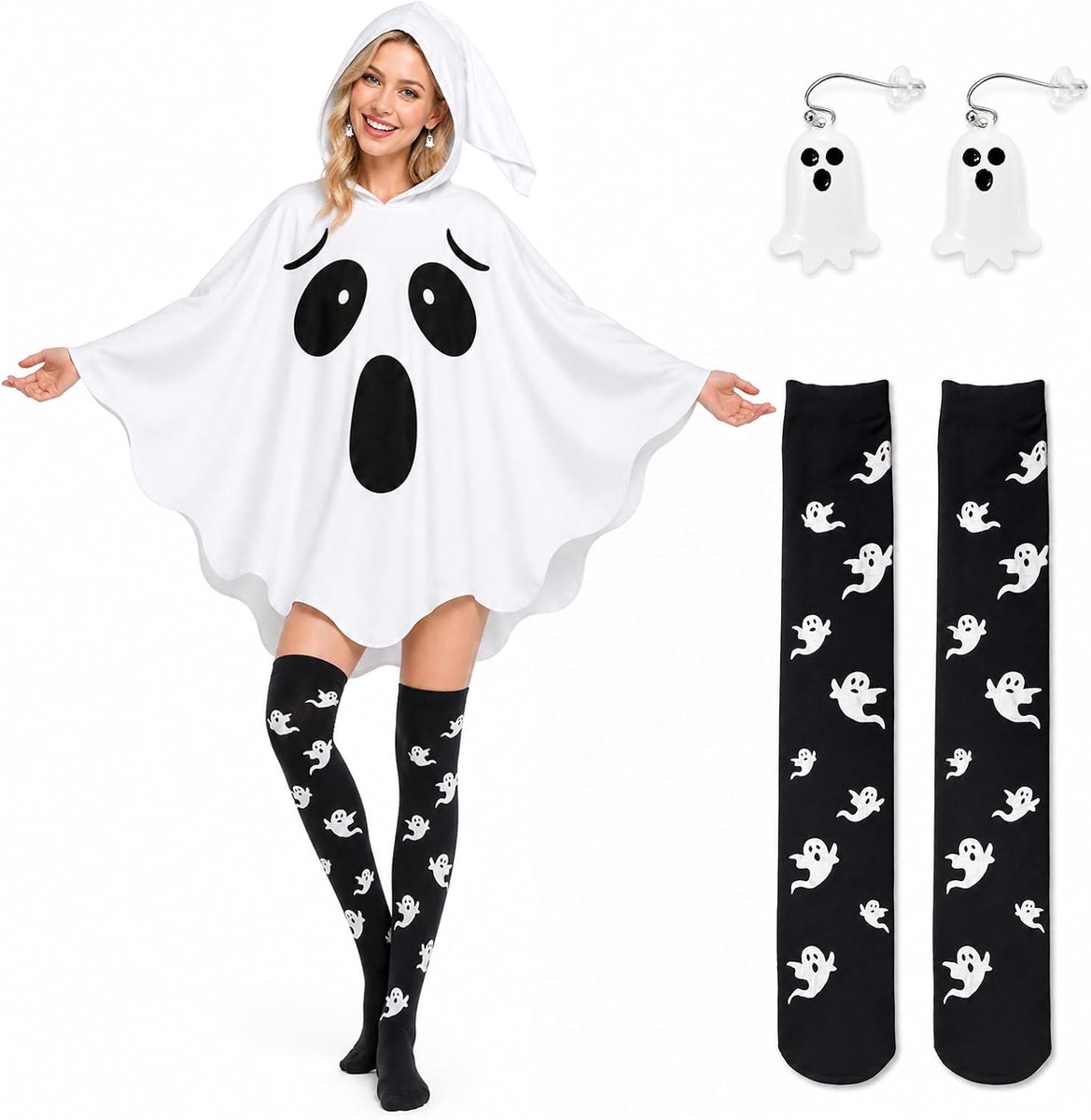 Halloweenkostuum voor dames, witte spookcape met capuchon, Halloween-snoepemmer, spook-oorbellen, overknie sokken voor feesten, horror, cosplay