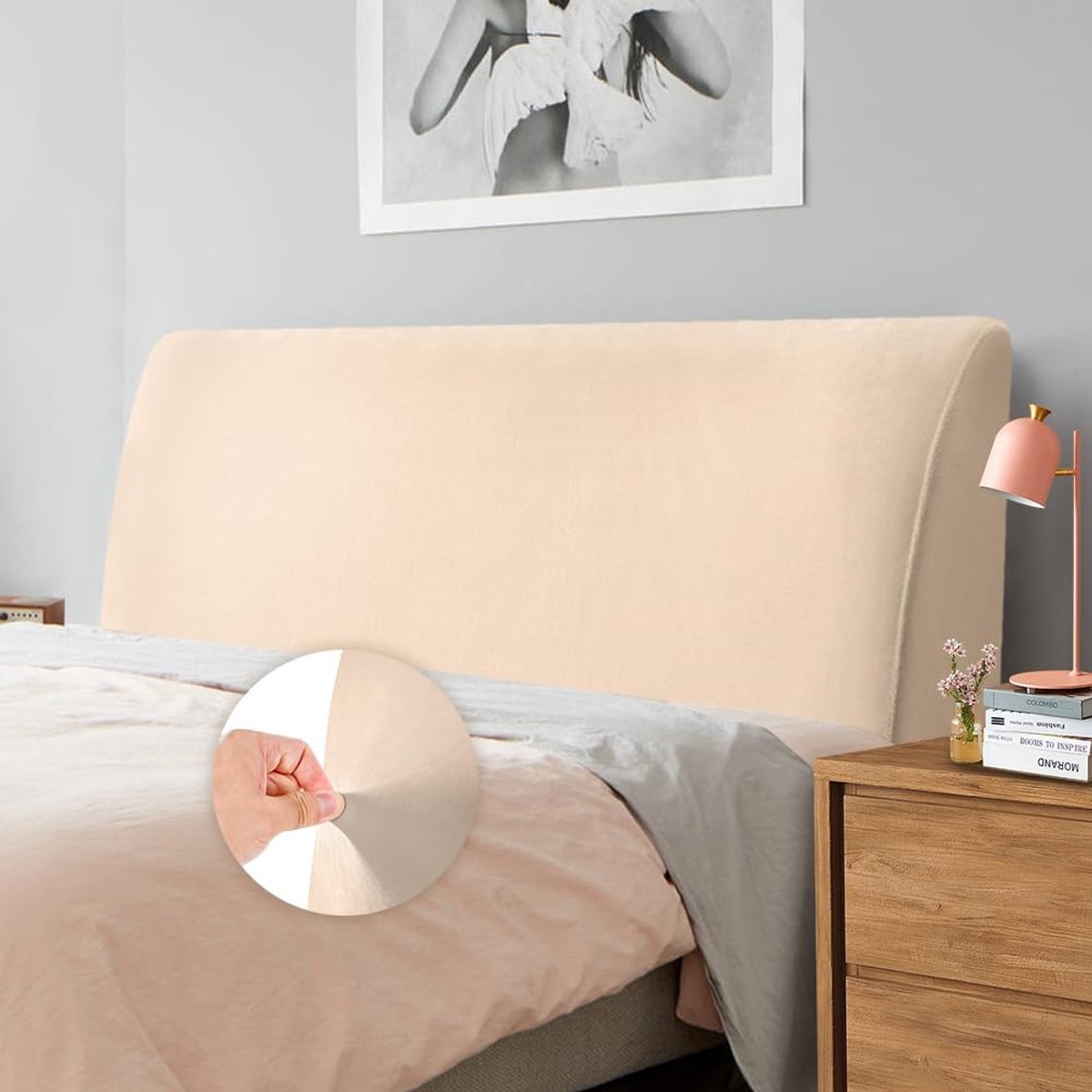 Beschermhoes voor het hoofdbord van het bed, zachte stretch, fluweel, stofdicht, stofdicht, voor gevoerd hoofdeinde, fluwelen stof, 200-220 cm, camel