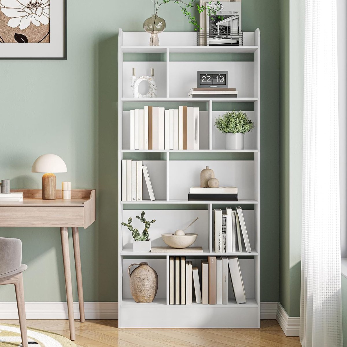 Boekenkast, Boekenkast met 6 Vakken, Opbergplank, Staande Plank, voor Woonkamer, Kantoor, Slaapkamer, 24 x 80 x 170 cm, Wit BC22803X