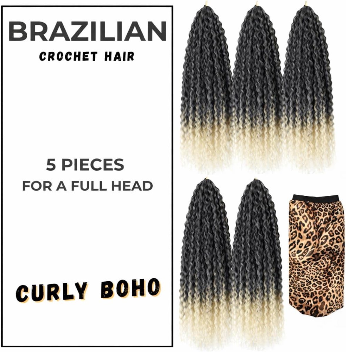 Curly Crochet Braid Hair - Haarverlenging voor Haakvlecht met natuurlijke look -KANEKALON Premium - 500 g verdeeld over 5 stucks + satijnen muts inbegrepen (1B/613, 20" 50cm)