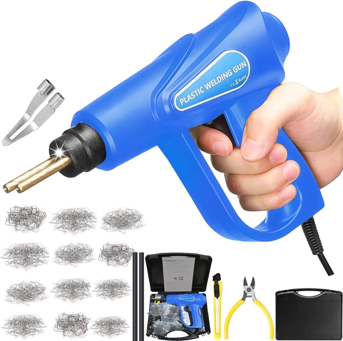 160 W kunststof lasapparaat, autobumper, reparatieset, 800 stuks, 6 soorten klemmen, hot nietmachine, kunststof lasserreparatieset, kunststof zweetreparatie, plat/buitenhoek/binnenhoek (blauw)