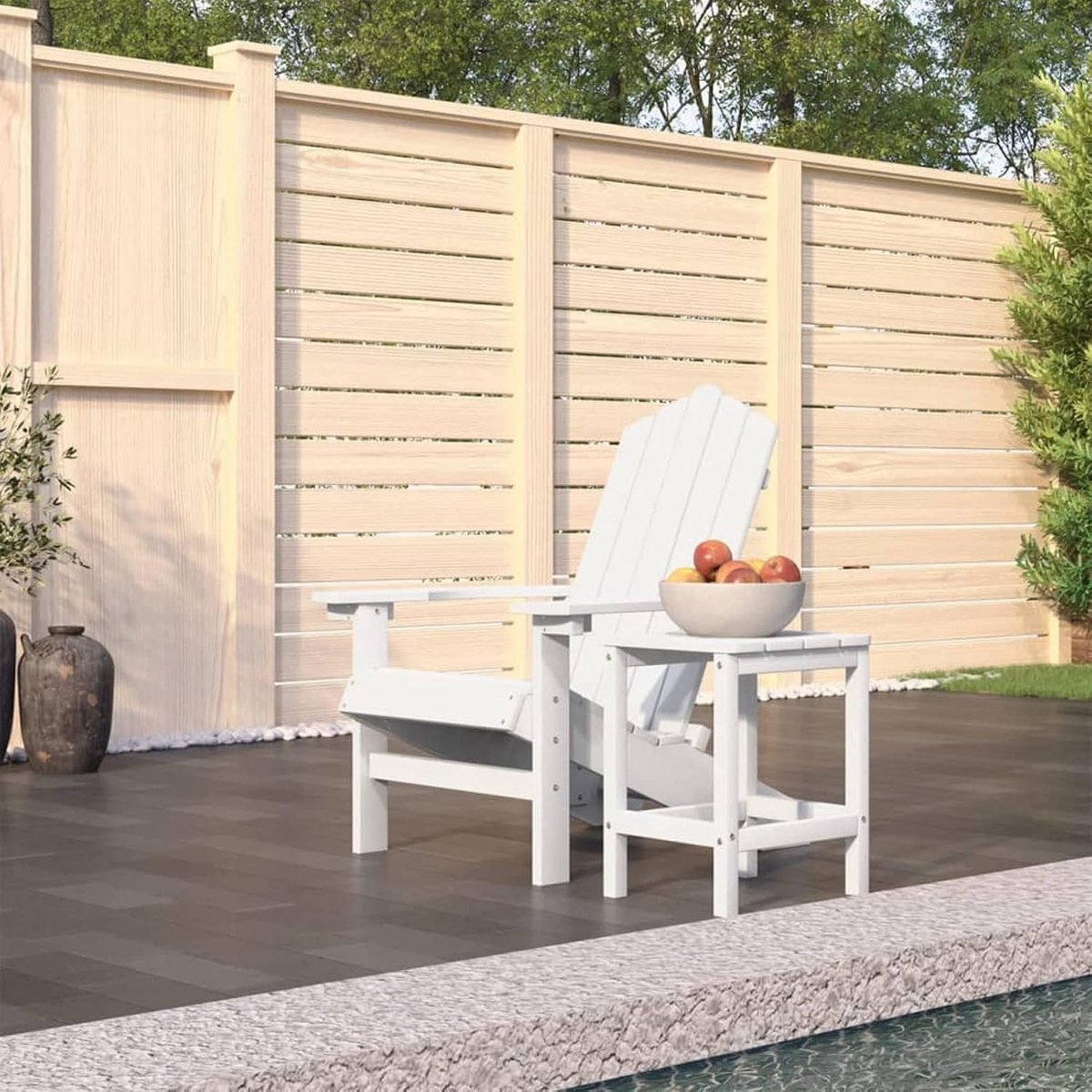 Tuinstoel, terrasstoel, stoel in Adirondack-stijl, buitenstoel met brede armleuningen, fauteuil met schuine rugleuning met tafel 1# HDPE wit, 73 x 83 x 92 cm
