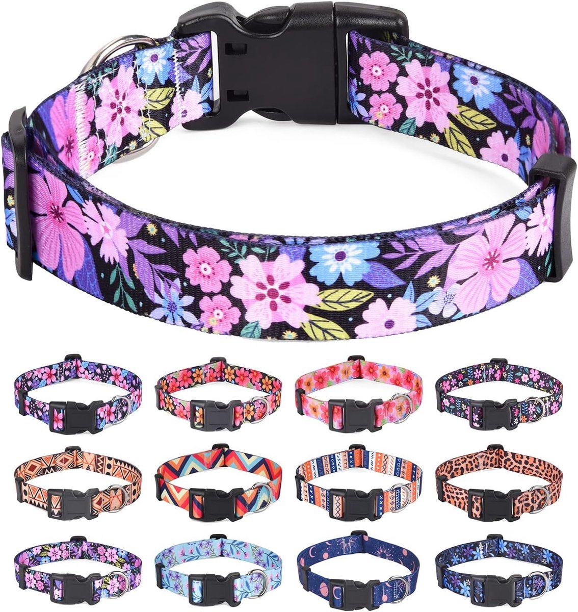 Halsbanden met bloemenprint, zachte comfortabele verstelbare halsbanden voor kleine middelgrote grote honden, bloemenpatroon voor meisjesjongens, honden (roze bloemen, L)