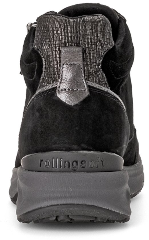 Achterkant van zwarte Gabor Rollingsoft-boot met grijze zool en 'rollingsoft'-merknaam.