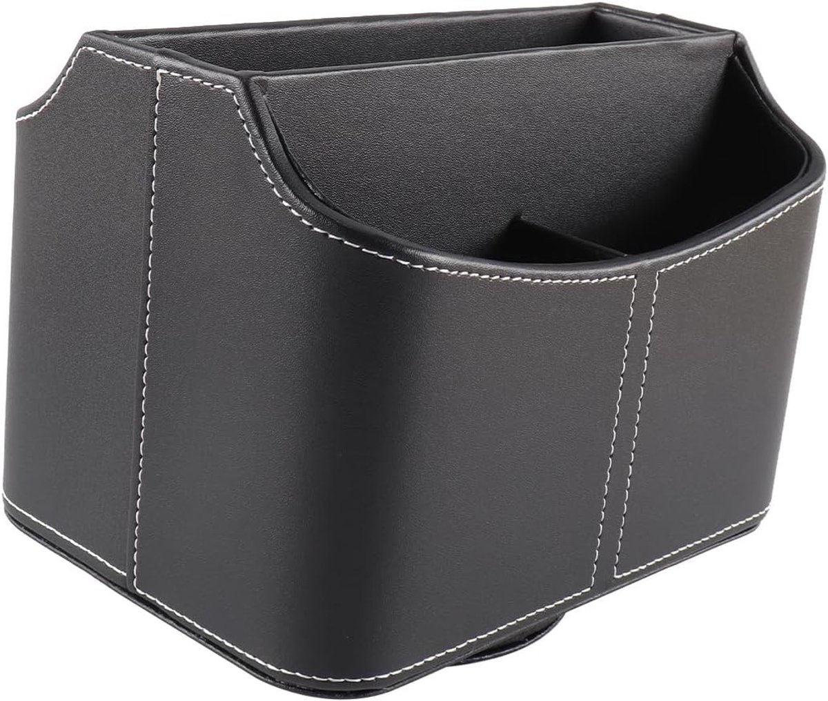 Multifunctionele zwarte leren bureau-organizer voor afstandsbedieningen en accessoires, 360° draaibaar en ideaal voor opberging