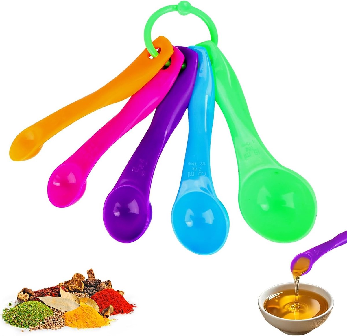 Set van 5 Maatlepels in Kleuren - Perfect voor Koken, Bakken en Nauwkeurig Afmeten van Vloeistoffen en Poeders met Capaciteiten van 1ml tot 15ml
