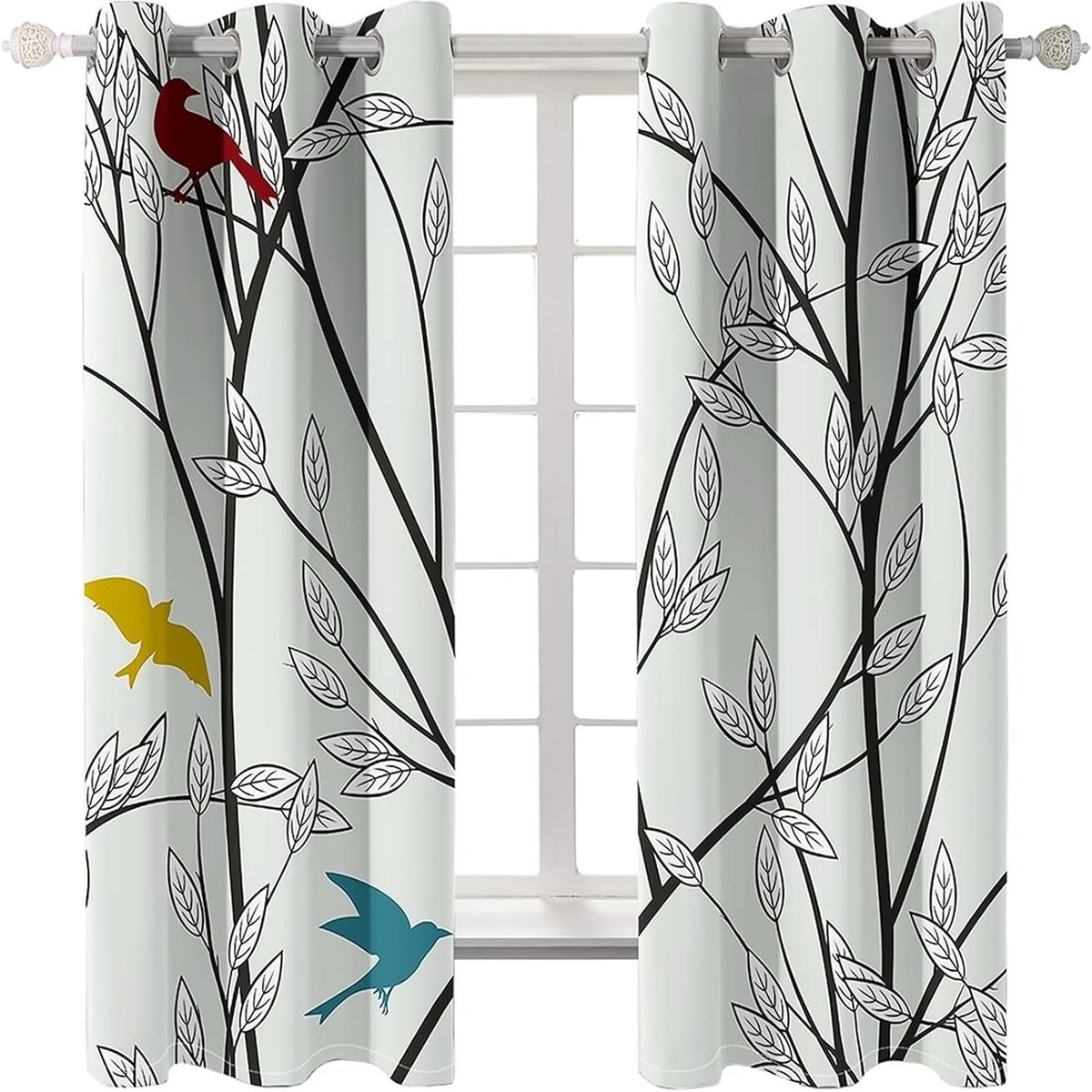 Panelen, binnengordijnen, ramen, 137x244CM, design, woonkamer, tak, boom met bladeren en vogels, ramen, gordijnen, grijs, rood, geel, polyester