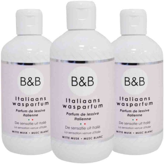 Drie flessen B&B Italiaans wasparfum in Witte Musk geur, elk 250ml met lichtroze etiket.