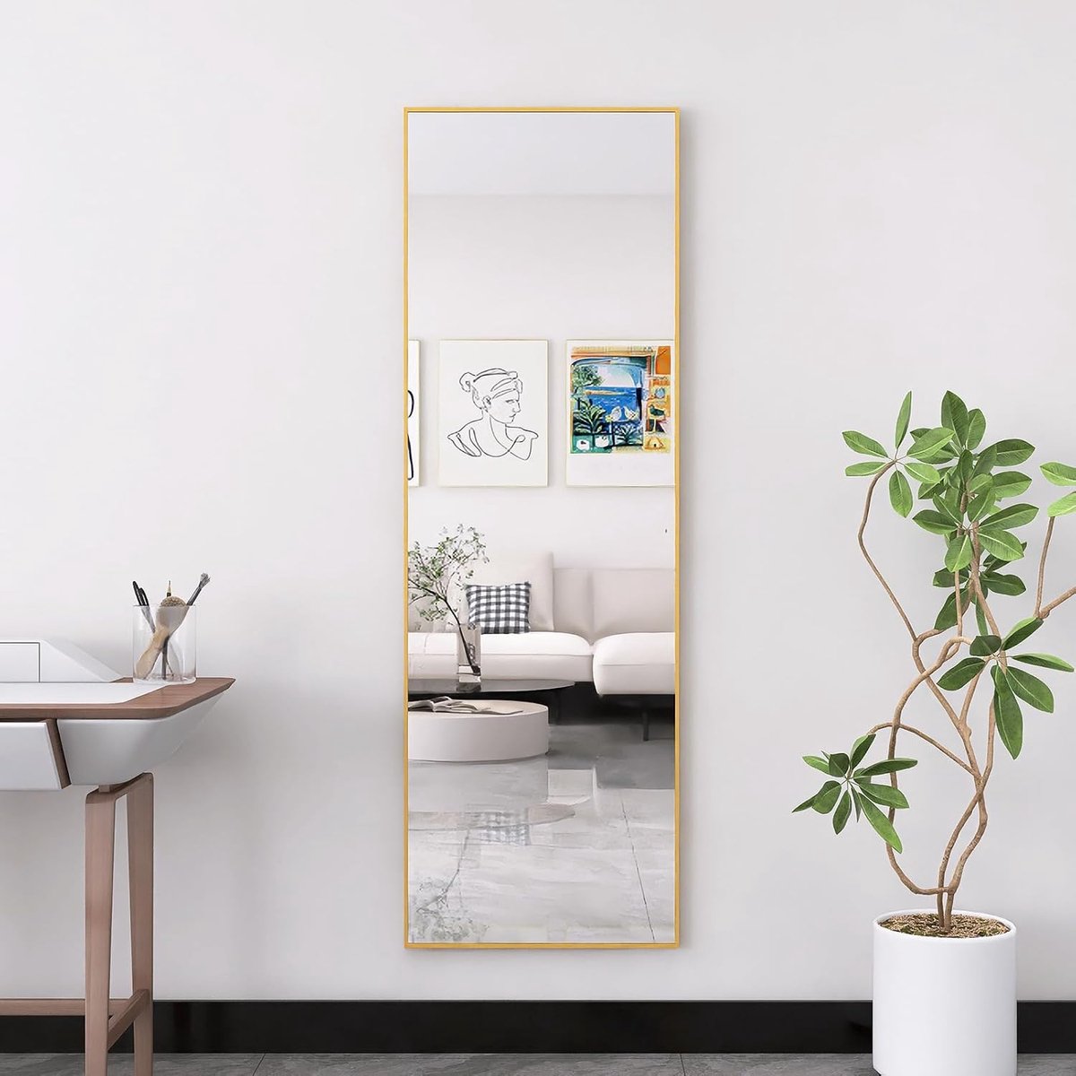 Spiegel voor het hele lichaam, 162 x 53 cm, grote wand- of staande spiegel met aluminium frame, perfect voor slaapkamer, woonkamer, badkamer of kinderkamer (goud, rechthoekig 162 × 53 cm)