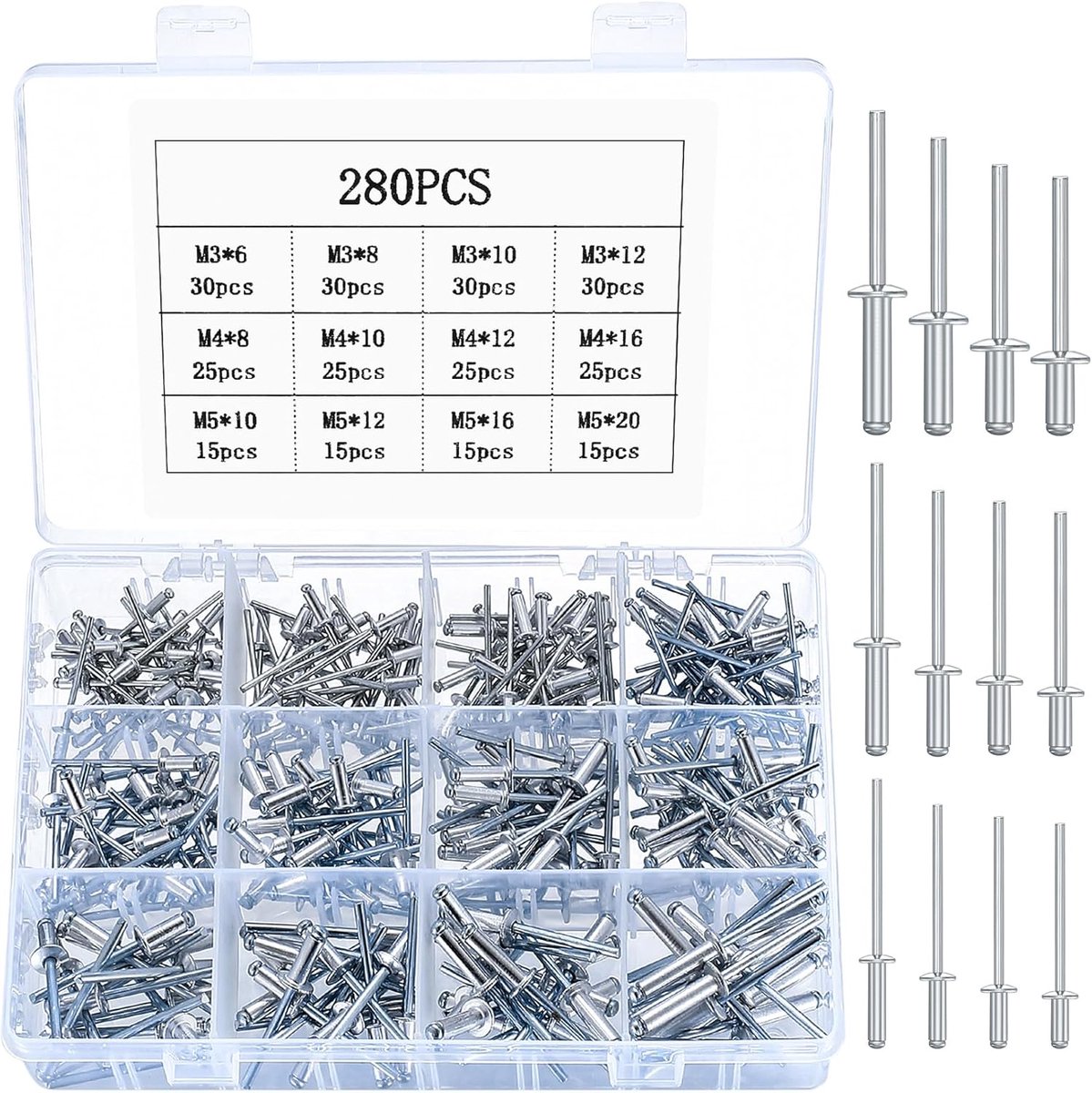 Dailygoods- Blindklinknagels 280 Stuks - Aluminium Klinknagels - Popklinknagels met Flens - Klinknagels voor Metaal/Hout/Kunststof - Hoogwaardig Kools