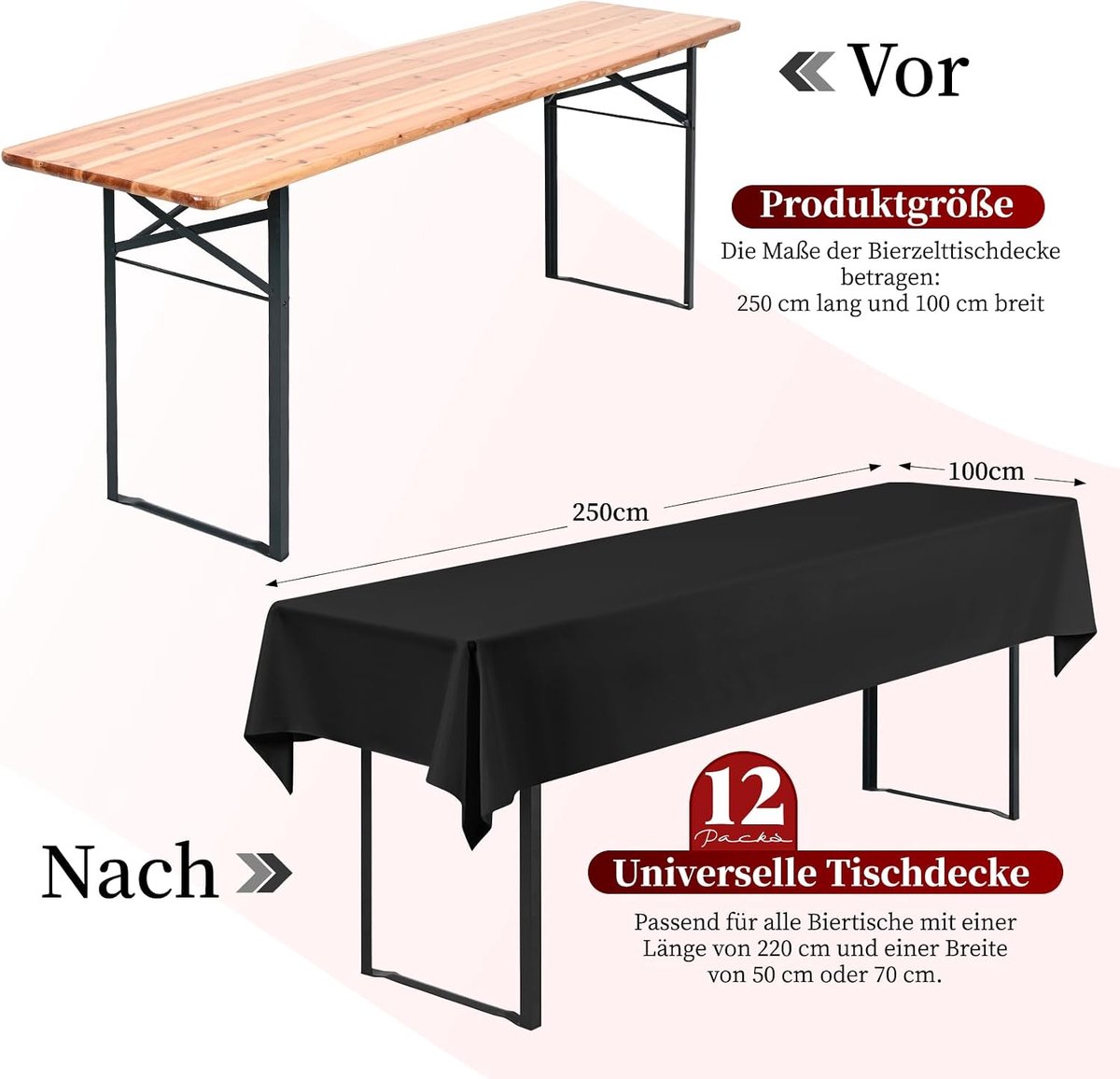 12-pack premium biertafeltafelkleed universeel voor 50 cm en 70 cm biertafelhoezen 100x250 cm polyester rechthoekige tafelkleden (zwart)
